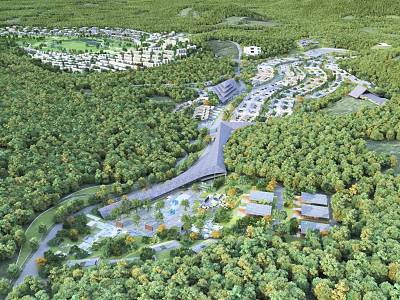 Aerial View Master Planning of Forested Residential Community With Green Spaces and Roads 3d model