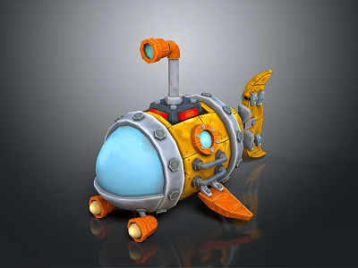 Yellow Underwater Submarine With Blue Transparent Cockpit Orange Periscope Fins And Thrusters 3d model