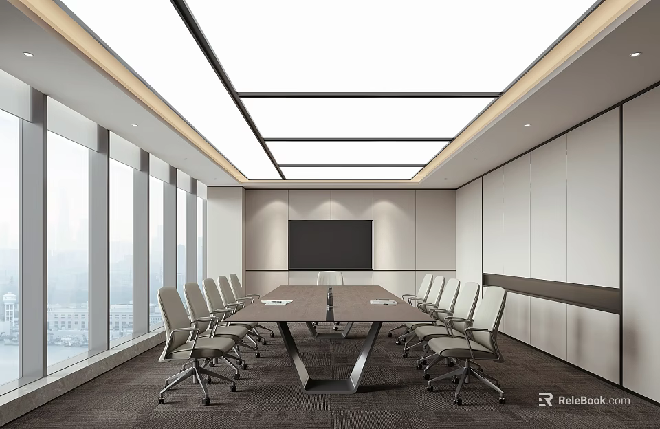 Modern Conference Room Interior Design With Long Table Comfortable Chairs Large Window And Projector Screen 3d model 