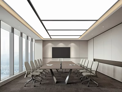 Modern Conference Room Interior Design With Long Table Comfortable Chairs Large Window And Projector Screen 3d model