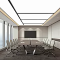 Modern Conference Room Interior Design With Long Table Comfortable Chairs Large Window And Projector Screen