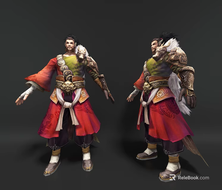 Game Movie Character In Traditional Red Robe With Green Top And Feather Decoration 3d model 
