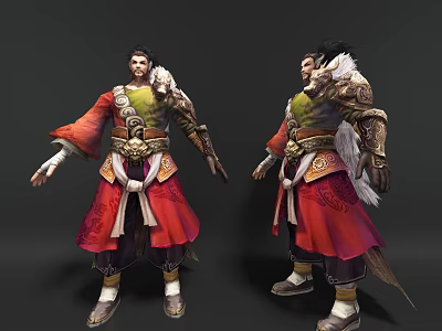 Game Movie Character In Traditional Red Robe With Green Top And Feather Decoration 3d model