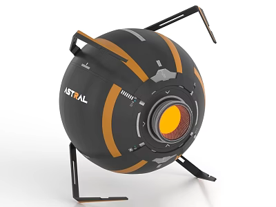 Spherical Industrial Equipment with Black Orange Stripes Yellow Circular Component Metal Stand and METAL Label 3d model