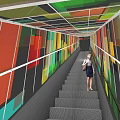 Elevator Corridor With Colorful Geometric Patterned Walls Ceiling And Gray Textured Floor With Person Walking
