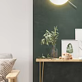 Modern Console Table with Wooden Top Golden Legs Green Plant Decorative Painting and Fruit Bowl