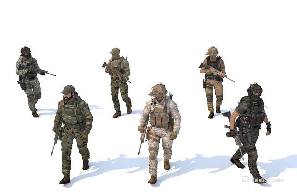 Group Of Military Men In Camouflage Uniforms Carrying Weapons Walking Together 3d model 