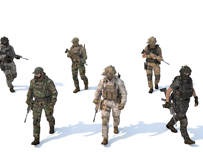 Group Of Military Men In Camouflage Uniforms Carrying Weapons Walking Together 3d model