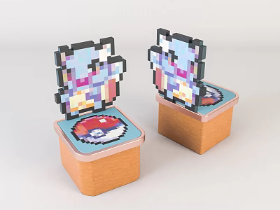 Colorful Pixel Style Children's Chairs With Wooden Base And Playful Patterns 3d model