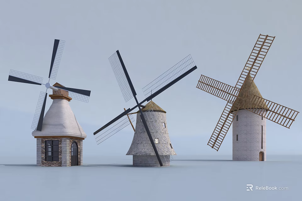 Traditional Windmill Components Featuring Wooden Blades Stone Tower And Conical Roof 3d model 