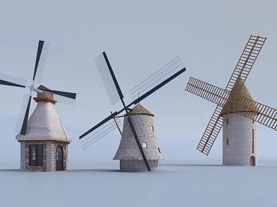 Traditional Windmill Components Featuring Wooden Blades Stone Tower And Conical Roof 3d model
