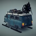 Old Blue Weathered Van With Ski Tracks For Off Road And Roof Mounted Mechanical Equipment
