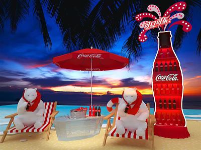 Coca-Cola Themed Beach Scene With Polar Bear Dolls Beach Chairs And Neon Bottle 3d model