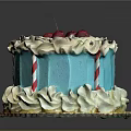 Blue Cake With Whipped Cream Chocolate Sprinkles Cherries And Striped Candy Sticks On Yellow Base