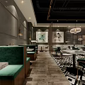 Elegant Modern Restaurant Interior With Booth Seating Decorative Paintings And Wooden Shelves
