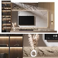 Modern TV Wall Interior Design With Marble Panel Shelf Lighting And Pampas Grass Decor 3d model