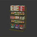 Organized Food Shelf Display With Canned Goods Bottled Condiments And Boxed Foods
