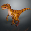 Realistic Velociraptor Dinosaur 3D Model Standing With Brown Yellow Stripes And Sharp Teeth