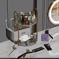 Rotating Gold Frame Transparent Acrylic Perfume Cosmetics Storage Organizer with Beauty Tools on Marble Countertop