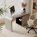 Modern Home Office Desk With Computer Keyboard Books Chair And Green Plant