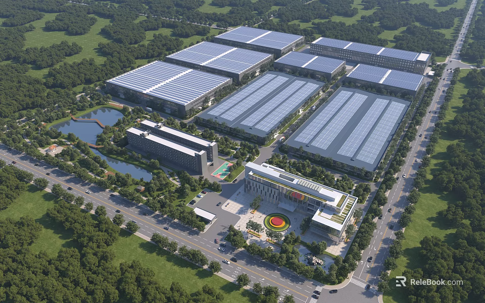 Large Industrial Factory Complex With Multiple Buildings Solar Panel Roofs Green Surroundings And Water Pond 3d model 