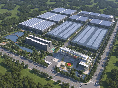 Large Industrial Factory Complex With Multiple Buildings Solar Panel Roofs Green Surroundings And Water Pond 3d model