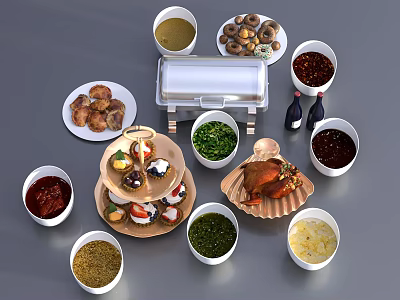Assorted Delicious Food Platter with Roasted Chicken Fried Snacks and Various Sauces 3d model