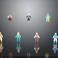 Vibrant Cartoon Character Figures With Various Colored Outfits On Black Reflective Background