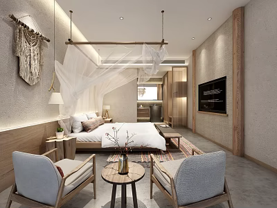 Hotel Guest Room Interior With Canopy Bed Armchairs Wooden Accents And Decorative Wall Hanging 3d model