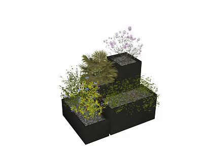 Black Square Tiered Planters with Flowers Purple Blooms and Green Ferns for Garden Decor 3d model