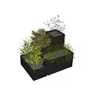 Black Square Tiered Planters with Flowers Purple Blooms and Green Ferns for Garden Decor