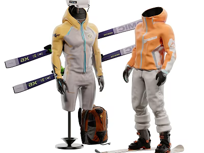 Two Models Wearing Light Yellow And Orange Ski Suits With Skis And Backpack 3d model
