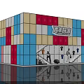 Youth Players Vibrant Colorful Cube Building Exhibition Hall With Entrance And Figures
