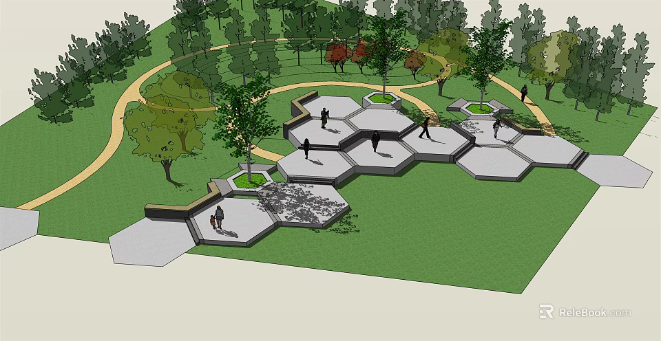 Park Landscape with Hexagonal Platforms Green Grass and Trees People Walking 3d model 