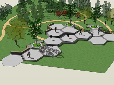 Park Landscape with Hexagonal Platforms Green Grass and Trees People Walking 3d model