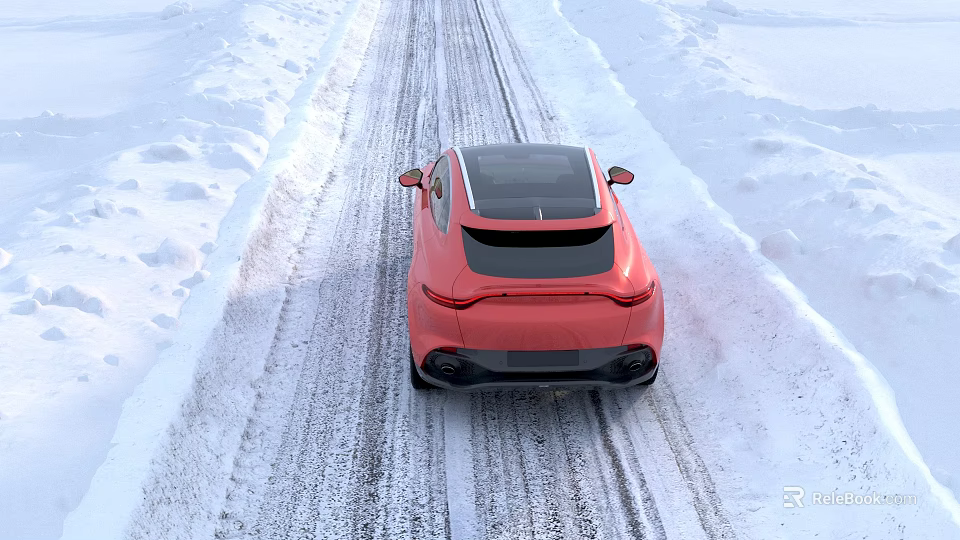 Red Car Driving On Snow Covered Road With Black Roof And Winter Tracks 3d model 