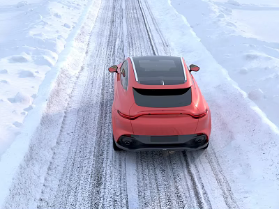 Red Car Driving On Snow Covered Road With Black Roof And Winter Tracks 3d model