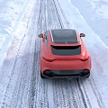 Red Car Driving On Snow Covered Road With Black Roof And Winter Tracks 3d model