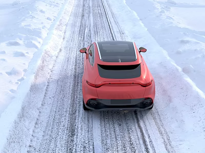 Red Car Driving On Snow Covered Road With Black Roof And Winter Tracks 3d model