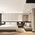 Modern Hotel Guest Room Interior With White Bed Armchair Rug And TV
