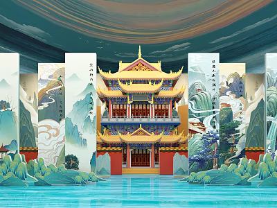 Traditional Chinese Palace Architectural Design With Yellow Roof Red Pillars Landscape Screens And Water 3d model