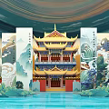 Traditional Chinese Palace Architectural Design With Yellow Roof Red Pillars Landscape Screens And Water