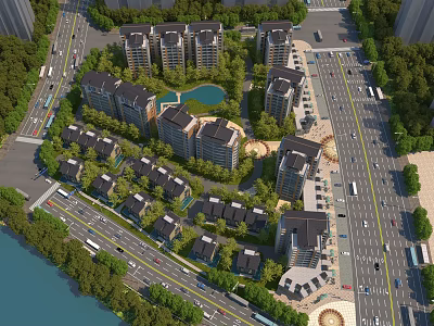 Modern High Rise Residential Buildings With Greenery Lake And Road Access 3d model
