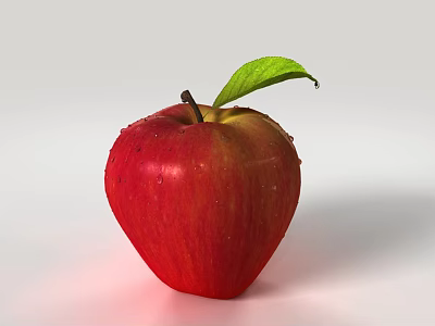 Fresh Red Apple With Green Leaf And Water Droplets On Surface 3d model