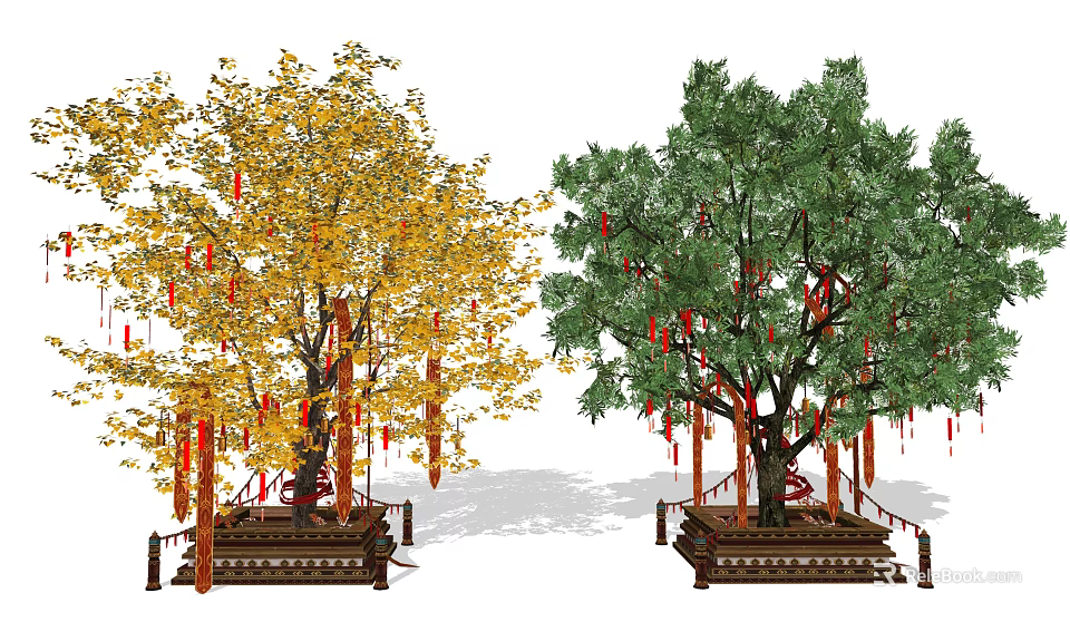 Two Ornamental Arbor Trees With Yellow Green Leaves Red Ribbons Wooden Base And Rope Fence 3d model 