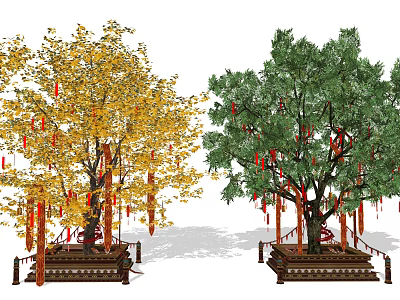 Two Ornamental Arbor Trees With Yellow Green Leaves Red Ribbons Wooden Base And Rope Fence 3d model