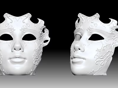 Two White Decorative Masks With Intricate Patterns And Elegant Facial Features 3d model