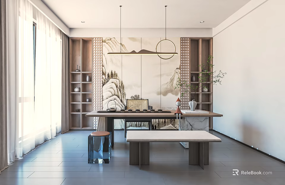 Tranquil Tea Room Interior With Wooden Tea Table Landscape Painting Bookshelves And Green Plants 3d model 