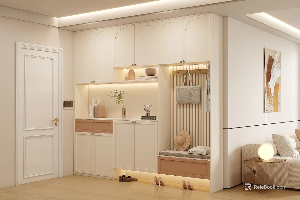 Modern White Shoe Cabinet Design With Hanging Area Bench And Lighting Storage 3d model 