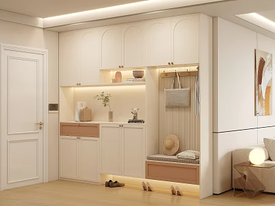 Modern White Shoe Cabinet Design With Hanging Area Bench And Lighting Storage 3d model